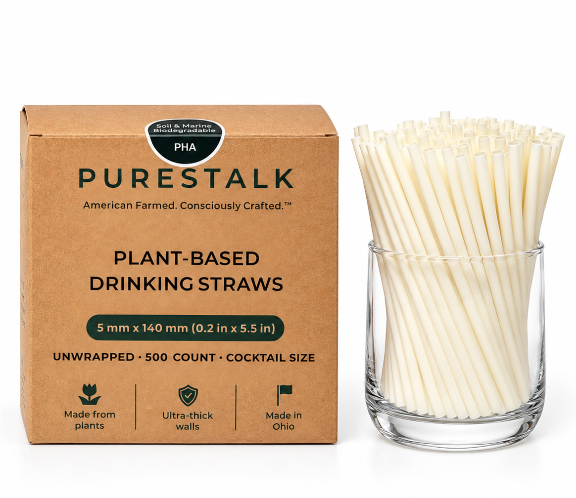 PureStalk 500/1000/10000ct Unwrapped 5mm PHA Straws, Cocktail Size, Eco-Friendly — Made in USA