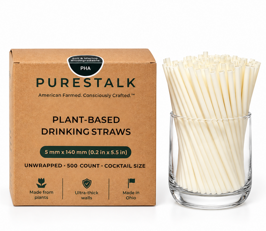 PureStalk 500/1000/10000ct Unwrapped 5mm PHA Straws, Cocktail Size, Eco-Friendly — Made in USA