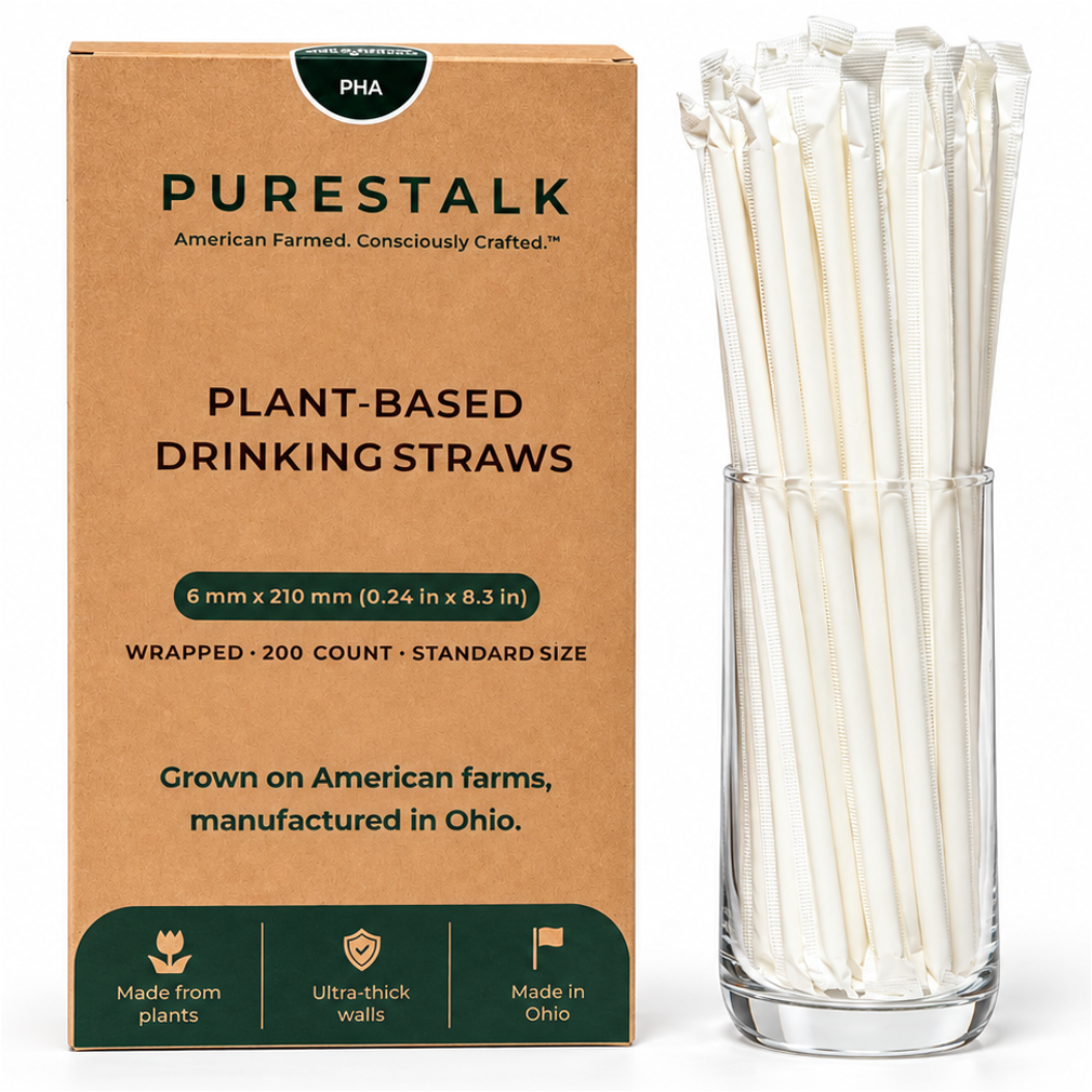PureStalk 200/500/5000ct Wrapped 6mm PHA Straws, Standard Size, Eco-Friendly — Made in USA