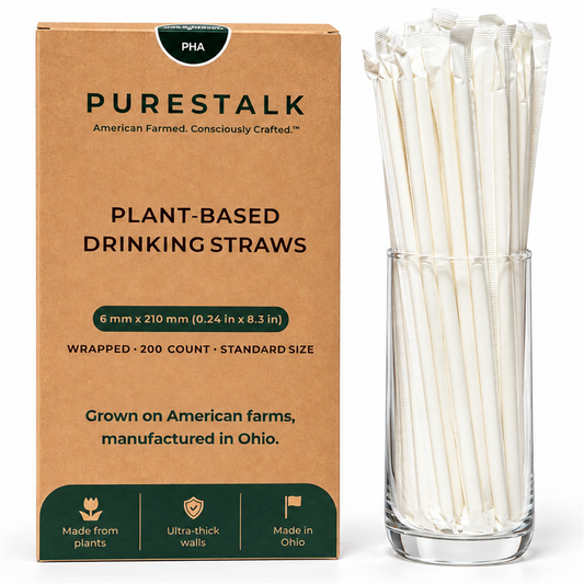 PureStalk 200/500/5000ct Wrapped 6mm PHA Straws, Standard Size, Eco-Friendly — Made in USA