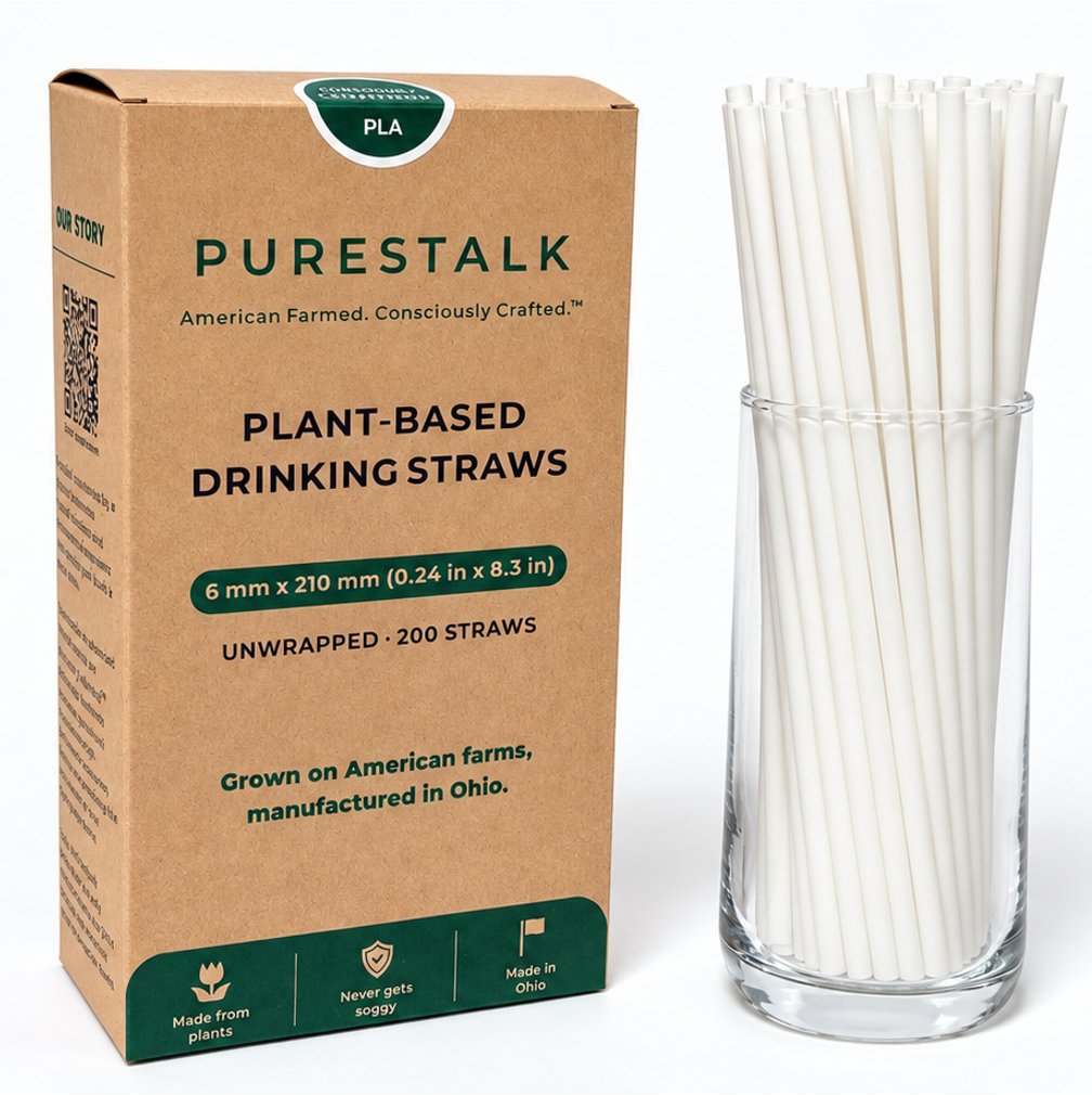 PureStalk 200/500/5000ct Unwrapped 6mm PLA Straws, Standard Size, Eco-Friendly — Made in USA