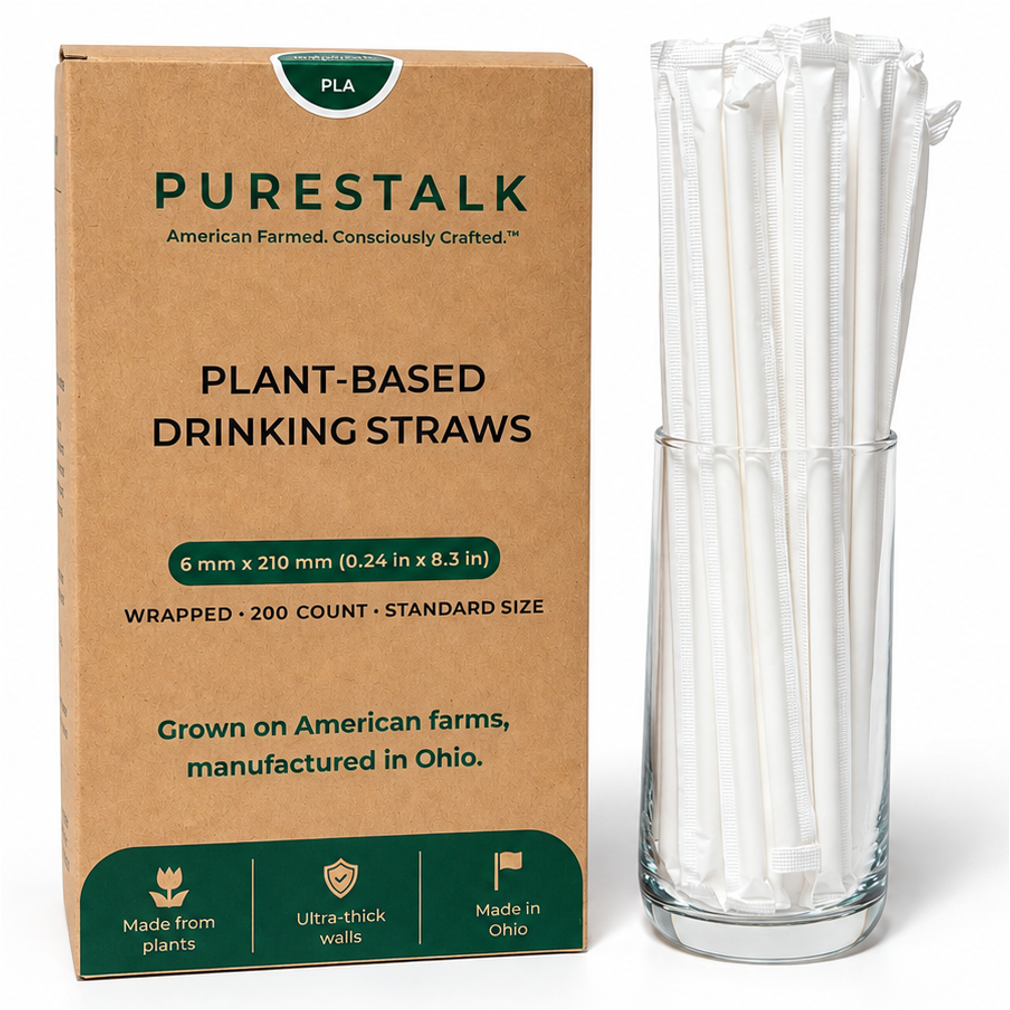 PureStalk 200/500/5000ct Wrapped 6mm PLA Straws, Standard Size, Eco-Friendly — Made in USA