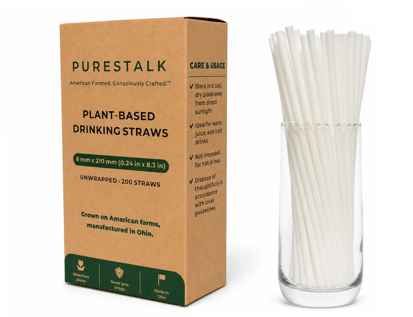 PureStalk 200/500/5000ct Unwrapped 6mm PLA Straws, Standard Size, Eco-Friendly — Made in USA