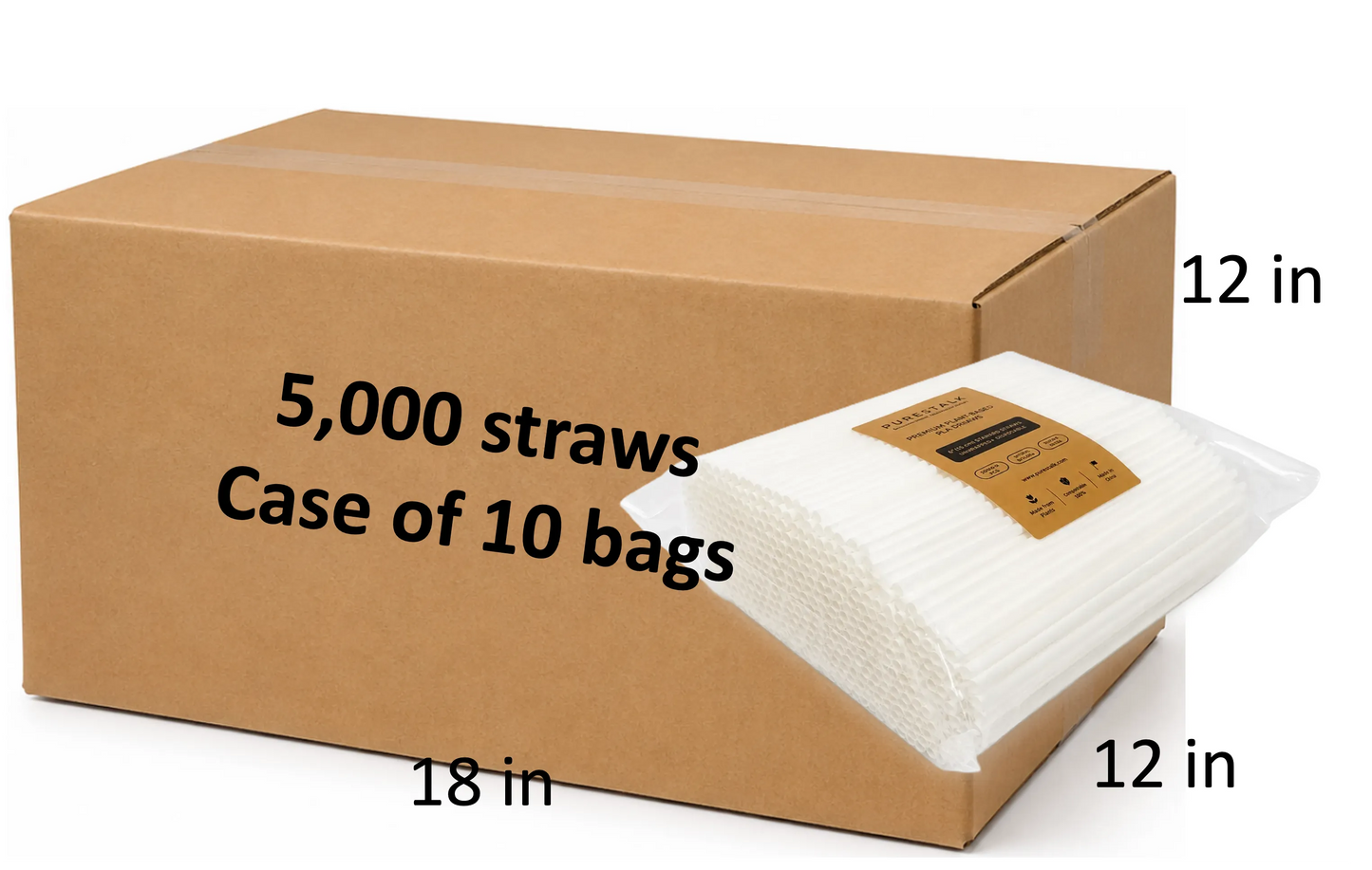 PureStalk 200/500/5000ct Unwrapped 6mm PLA Straws, Standard Size, Eco-Friendly — Made in USA